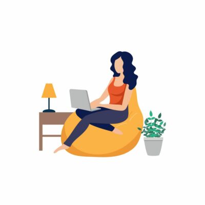 Vector Cartoon Character Woman Working Remotely in Bag Chair at Home, Freelance or Remote Job, Flat Design, Girl with Laptop, Online Education on Work Concept, Colourful Illustration.