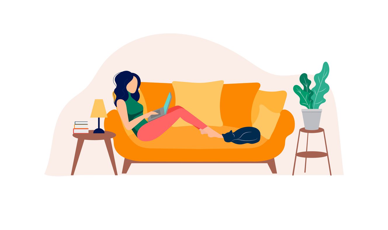 Vector Cartoon Character Girl Working Remotely, Home, Freelance or Remote Job, Flat Design, Woman with Laptop, Online Education on Work Concept.